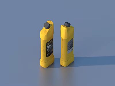 Two Yellow Household Item Bottles With Black Labels And Text On Blue Background Surface 3d model