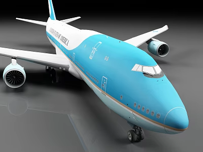 Korean Air Blue And White Passenger Jet With Four Engines Landing Gear And Wings 3d model