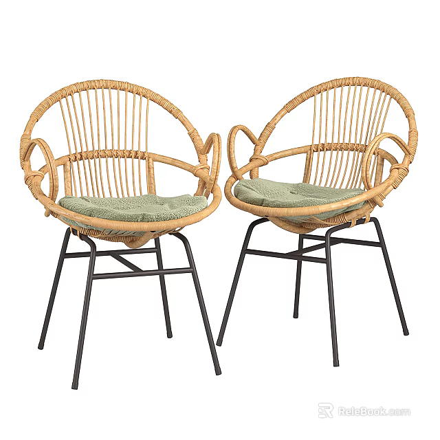 Pair of Round Back Rattan Leisure Chairs With Black Metal Legs And Green Cushions 3d model 