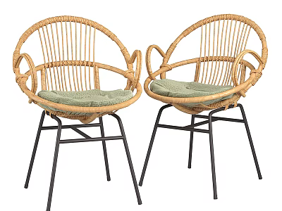 Pair of Round Back Rattan Leisure Chairs With Black Metal Legs And Green Cushions 3d model