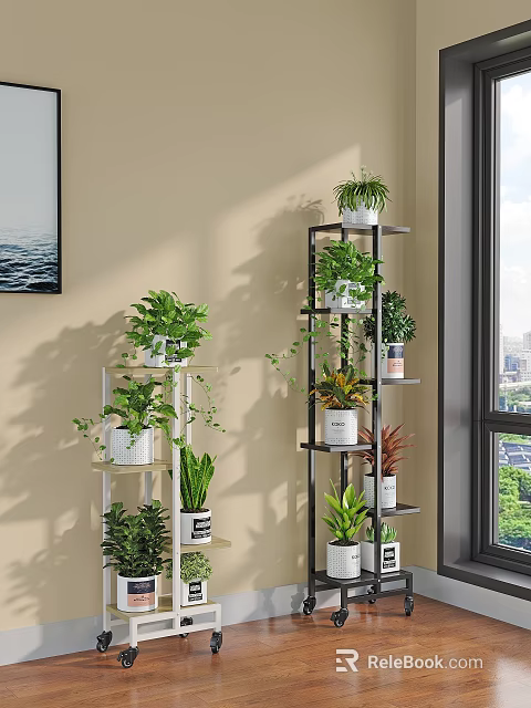 Decorative Plant Shelving Unit With Multiple Green Plants And White Pots In Living Room 3d model 