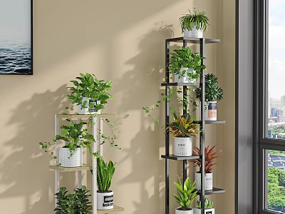 Decorative Plant Shelving Unit With Multiple Green Plants And White Pots In Living Room 3d model