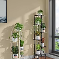 Decorative Plant Shelving Unit With Multiple Green Plants And White Pots In Living Room