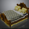 Classic Wooden Carved Bed With Blue Yellow Quilt White Sheets And Yellow Pillows