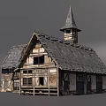 Historic Ancient Architecture With Steeple Tower Gray Tiled Roof And Wooden Frame