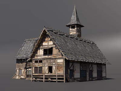 Historic Ancient Architecture With Steeple Tower Gray Tiled Roof And Wooden Frame 3d model