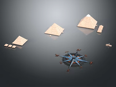 Cartoon Scene With Pyramids Compass And Small Structures On Dark Background 3d model