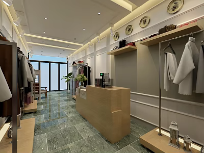 Modern Clothing Store Interior with Racks Display Shelves Cashier Counter Green Plants and Ceiling Decor 3d model