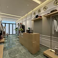 Modern Clothing Store Interior with Racks Display Shelves Cashier Counter Green Plants and Ceiling Decor