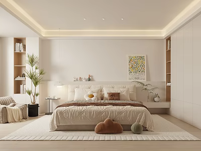 Modern Minimalist Bedroom Interior Design With Soft Tones Bed Pillows Artwork Plants Rug And Wardrobe 3d model