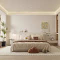 Modern Minimalist Bedroom Interior Design With Soft Tones Bed Pillows Artwork Plants Rug And Wardrobe