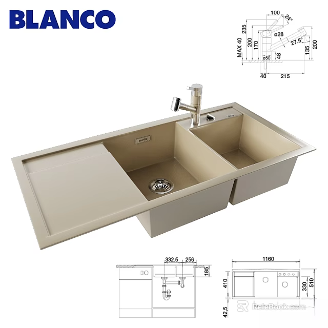 Beige Double Bowl Kitchen Sink With Faucet And Technical Dimensions Design 3d model 