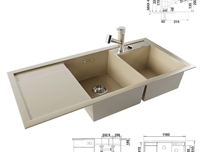 Beige Double Bowl Kitchen Sink With Faucet And Technical Dimensions Design 3d model