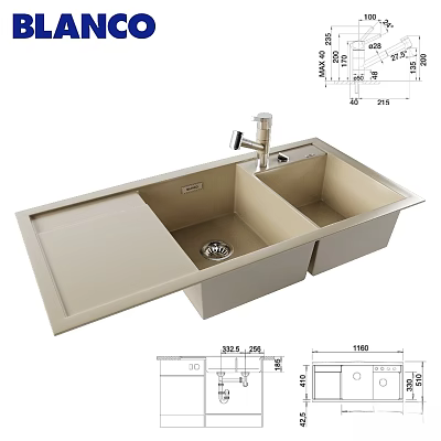 Beige Double Bowl Kitchen Sink With Faucet And Technical Dimensions Design 3d model