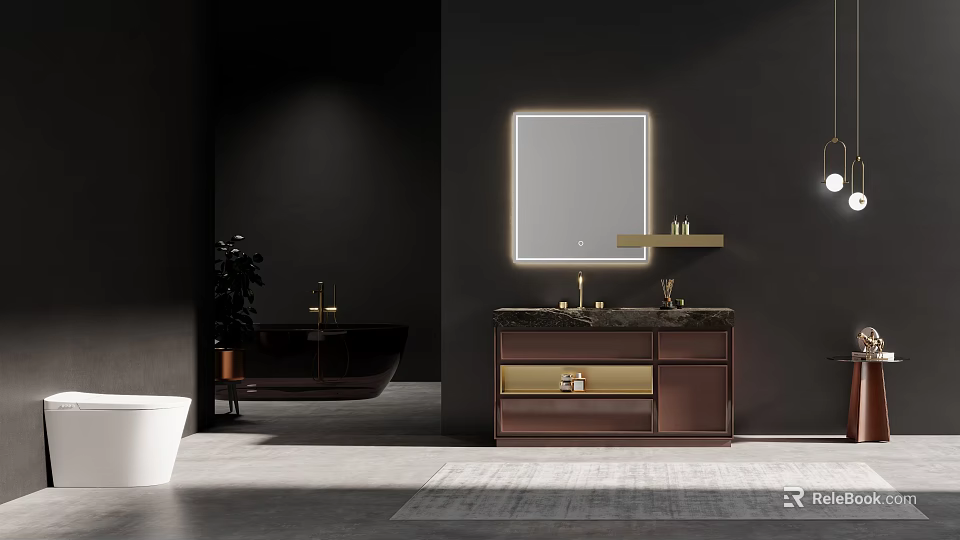 Elegant Modern Bathroom Vanity With Backlit Mirror Marble Countertop And Gold Accents 3d model 