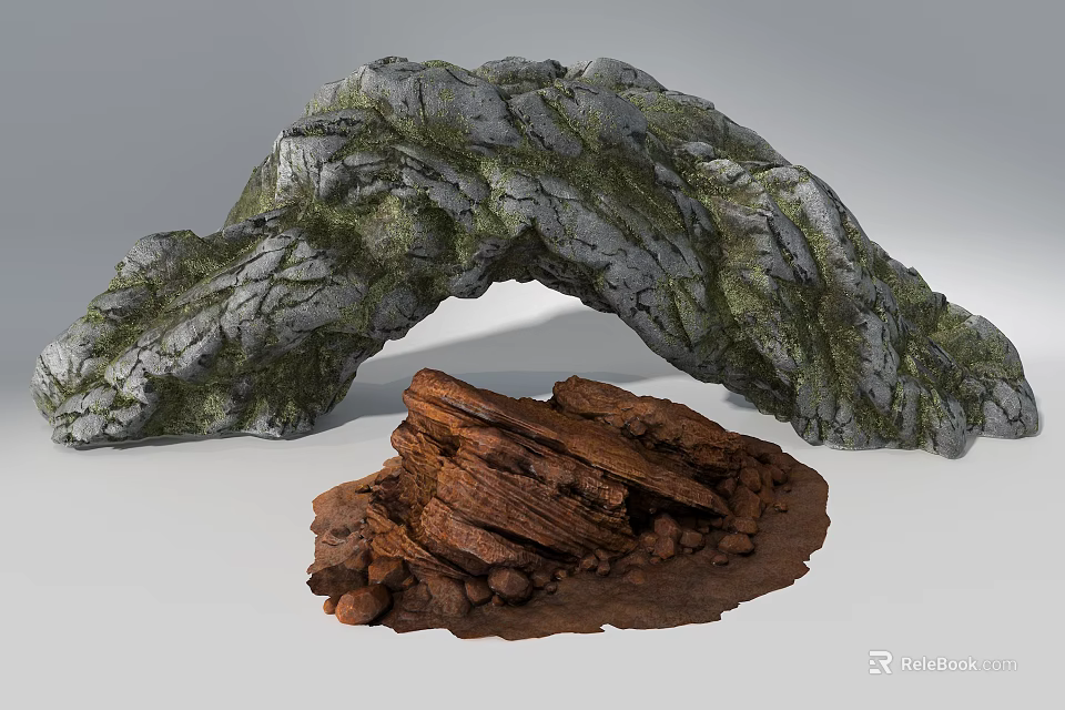 Arch Shaped Rockery Stones With Natural Moss Cover And Wooden Log Pile 3d model 