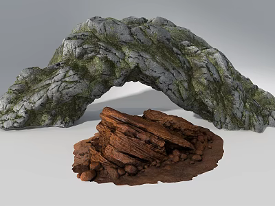 Arch Shaped Rockery Stones With Natural Moss Cover And Wooden Log Pile 3d model