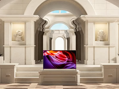 TV With Colorful Screen Amid White Marble Architecture Arched Doorway Stone Lion Statues And Steps 3d model