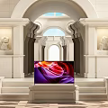 TV With Colorful Screen Amid White Marble Architecture Arched Doorway Stone Lion Statues And Steps