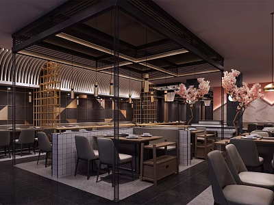 Modern Hotpot Restaurant Featuring Black Frame Glass Partitions Cherry Blossom Decorations Tables Chairs Warm Lighting 3d model