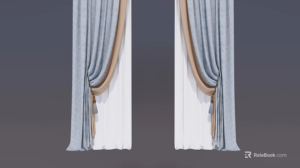 Light Blue Double Layer Curtains With White Inner Layer And Beige Decorative Tassels 3d model