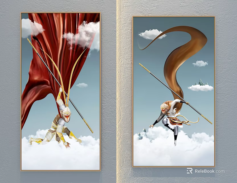 Character Paintings Of Figures Holding Long Sticks Standing On Clouds With Flowing Capes And Hair 3d model 