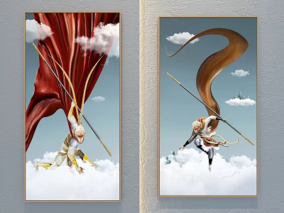 Character Paintings Of Figures Holding Long Sticks Standing On Clouds With Flowing Capes And Hair 3d model