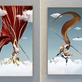 Character Paintings Of Figures Holding Long Sticks Standing On Clouds With Flowing Capes And Hair