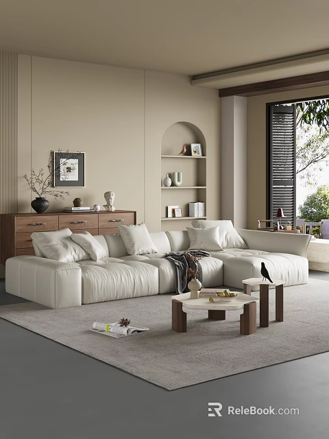Modern Minimalist Cream Leather Sectional Sofa And Coffee Table Set For Cozy Living Space 3d model 