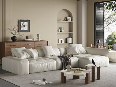 Modern Minimalist Cream Leather Sectional Sofa And Coffee Table Set For Cozy Living Space 3d model
