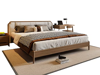 New Chinese Double Bed Solid Wooden Bedside Table Chandelier Desk Chair Carpet 3d model