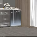 Modern Style Washing Machine in Wooden Wall Area with Folded Towels and Glass Door Cabinet