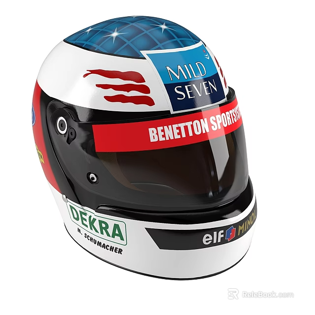 Professional White Racing Helmet with BENETTON SPIRIT and MILD SEVEN Logos as Sports Equipment 3d model 