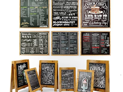 Chalkboard Menu Boards for Cafe Restaurant Featuring Various Designs and Standing Styles 3d model