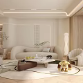 Modern Living Room Interior Design With Linear Lighting Beige Sofa Round Rug And Wooden Walls