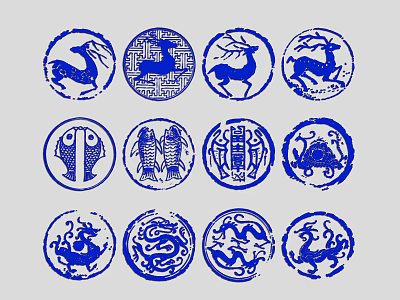 Traditional Chinese Blue Circular Patterns With Dragon Deer Fish And Bat Designs 3d model