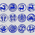 Traditional Chinese Blue Circular Patterns With Dragon Deer Fish And Bat Designs