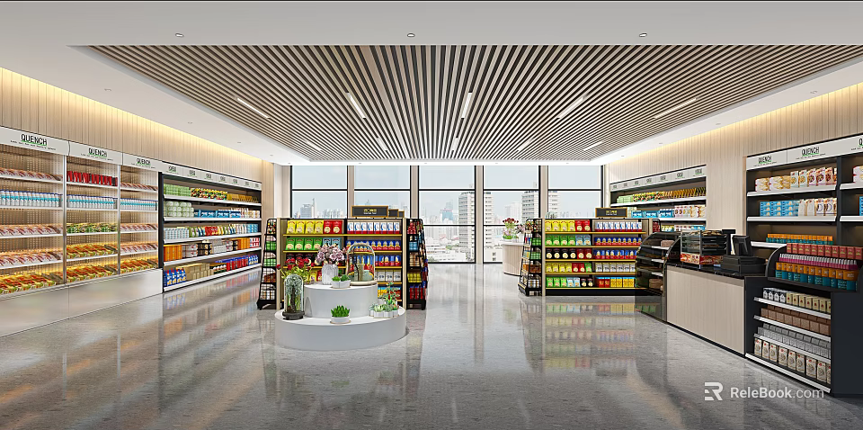 Spacious Modern Supermarket Interior With Shelves Full Of Various Products And Central Display Area 3d model 