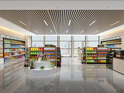 Spacious Modern Supermarket Interior With Shelves Full Of Various Products And Central Display Area 3d model