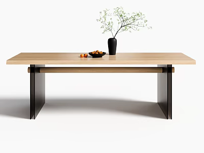 Stylish Dining Table With Wooden Surface Metal Legs And Decorative Vase Fruits 3d model