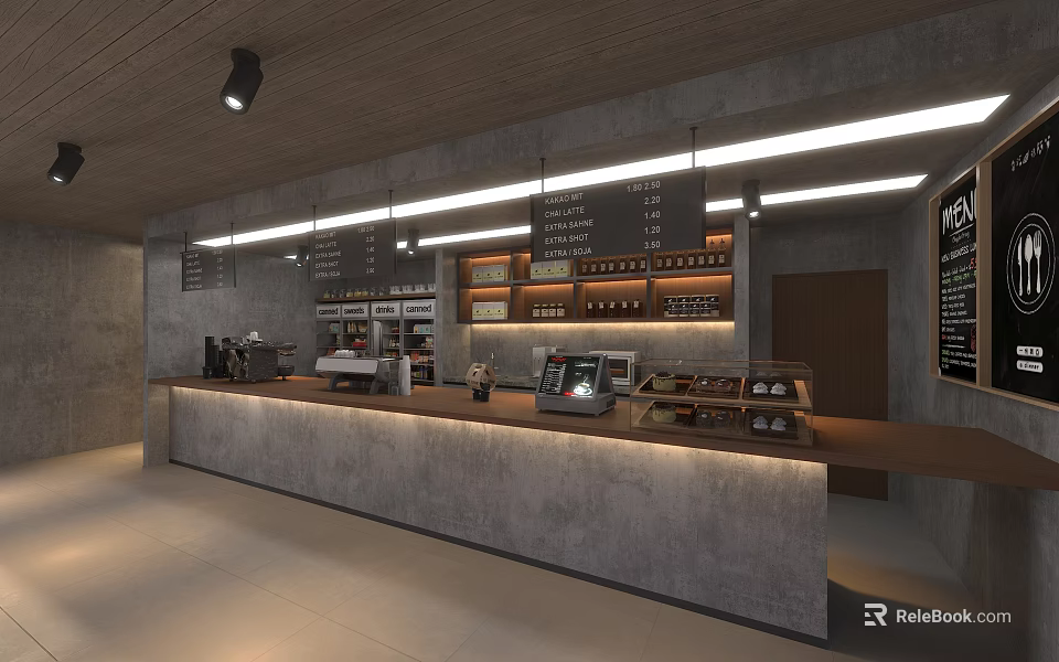Modern Café Interior Design With Long Counter Display Cases And Hanging Menu Boards 3d model
