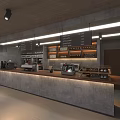 Modern Café Interior Design With Long Counter Display Cases And Hanging Menu Boards 3d model