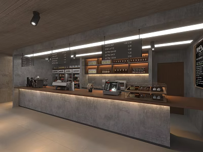 Modern Café Interior Design With Long Counter Display Cases And Hanging Menu Boards 3d model
