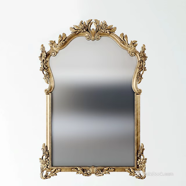 Ornate Golden Carved Mirror with Intricate Floral Patterns and Arch Top Design 3d model 