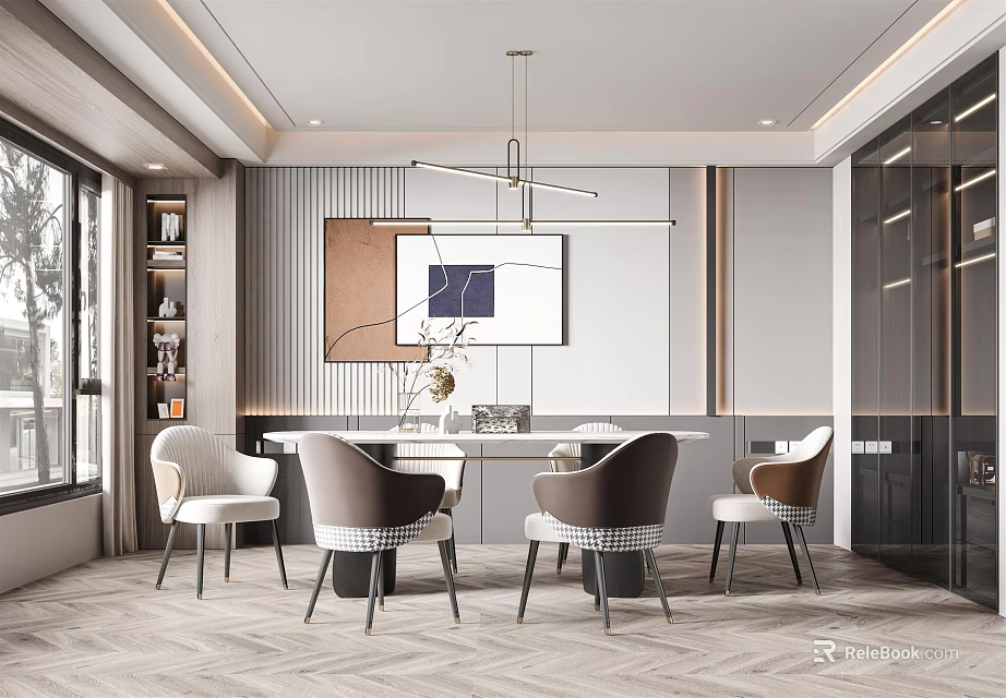 Elegant Modern Restaurant Interior Featuring Open Layout Marble Dining Table And Stylish Chandelier 3d model 