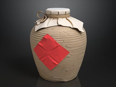Traditional Clay Pot with White Lid Rope Binding and Red Diamond Decoration 3d model