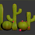 3D Rendered Green Cacti With Various Sizes Shapes Small Pink Decorations Gray Background Glossy Surface