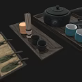 Stylish Tea Serving Set With Wooden Trays Black Teapot Blue Cups And Spoons
