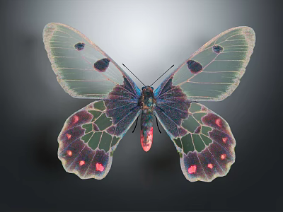 Colorful Butterfly Featuring Transparent Wings With Black Pink Spots And Greenish Patterns 3d model