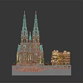 Cartoon Scene Featuring Large Gothic Building With Green Spires And Colorful Houses